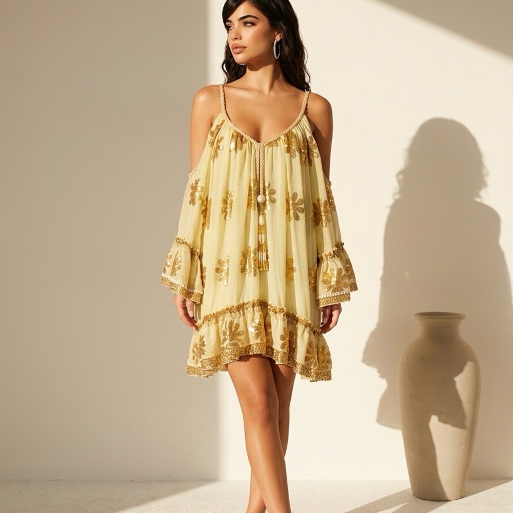 Gina's Boutique Sequin Floral Dress  Womens Large  Gold